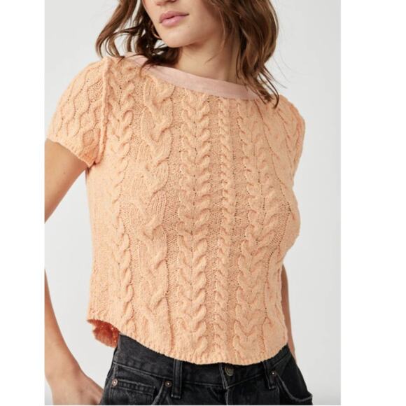 Free People Baby Cable Knit Short Sleeve Sweater in Peach - Picture 3 of 8